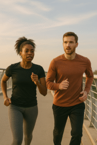 Dua orang jogging di jembatan