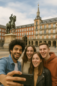 Sekelompok teman berpose untuk selfie di Walikota Plaza di Madrid, Spanyol.
